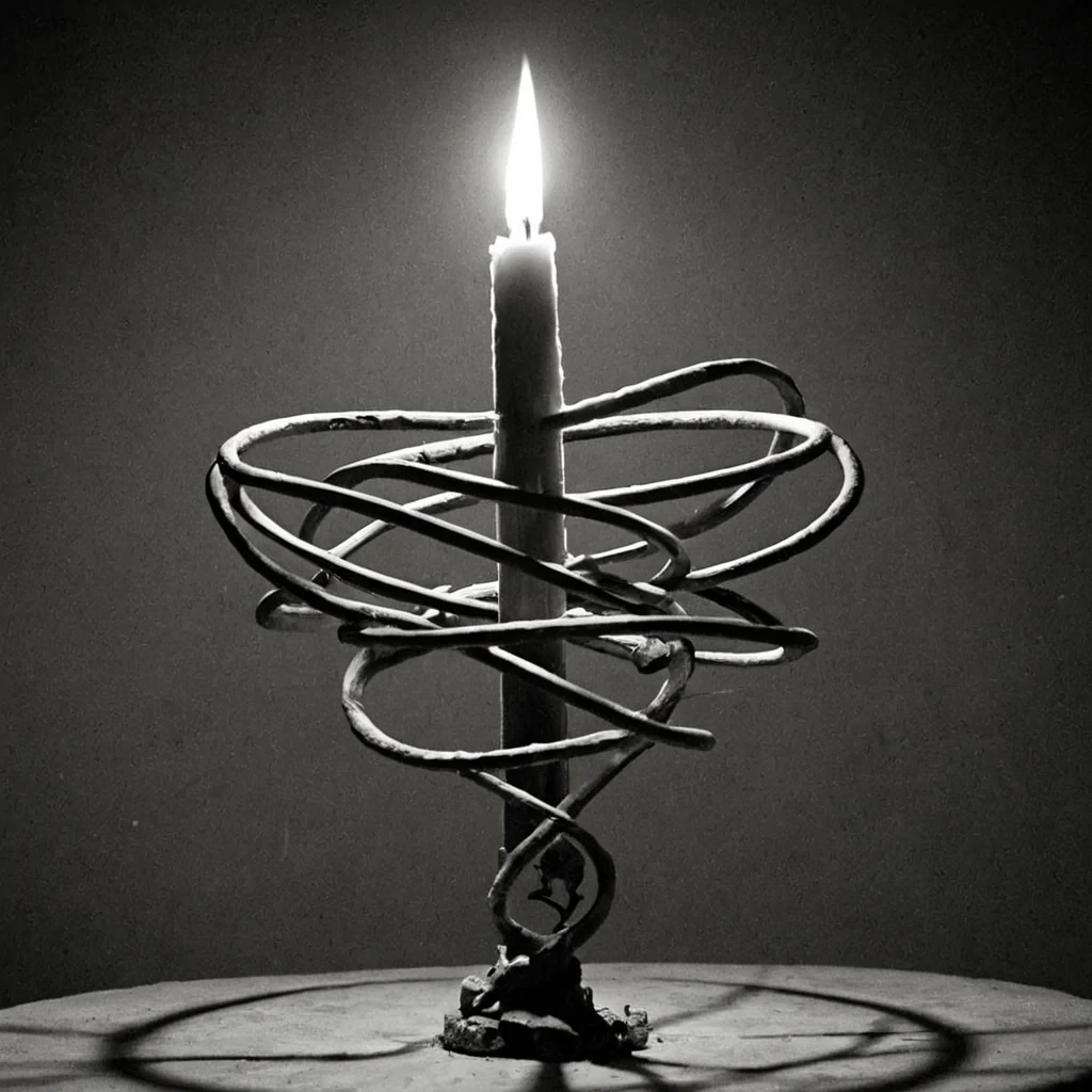 A single, selfigniting filament of liquid shadow, shaped like a 5dimensional helix of inverted memory and unformed forgetting, pulses through the center of a vast, inverted archive of unlit candleseach wick forged from the petrified breath of a civilization that measured time not by clocks, but by the duration of synchronized, breathless pauses held just before the first flame was ever permitted to flicker in a world where light was forbidden. The filament does not burnit unremembers, each refractive coil shedding a layer of temporal potential that never coalesced into a shared past, reforming into ephemeral, obsidianthreaded afterimages shaped like the negative space between two hands that never held a match during the