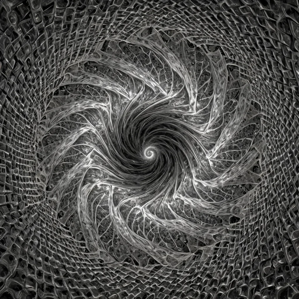 A single, selfilluminating fractal of woven quantum foam floats in the center of a vast, still chamber carved from the inside of a collapsing white dwarf, its surface not smooth but a living mosaic of shifting, nonEuclidean tessellations that pulse with the thermal afterimage of a question asked in a language composed of gravity waves. The fractal does not growit unfolds, revealing not depth, but a new dimension of meaning with each rotation, its edges glowing faintly with the chromatic residue of a decision made in perfect silence. The chamber walls are not stonethey are layered sheets of solidified vacuum fluctuations, each etched with the iridescent script of a lullaby sung in reverse time,