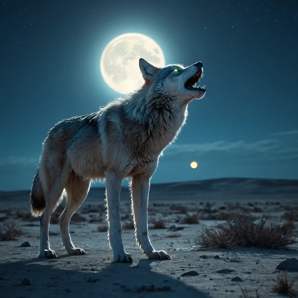 A lone, cybernetic wolf howls at a tripple full moon on a desolate, frostbitten plain, its mechanical eyes glowing with an eerie blue light, hyperrealistic, ultra HD, cinematic lighting, volumetric lighting, atmospheric effects, dynamic lighting, bokeh effect, vibrant colors, detailed textures.