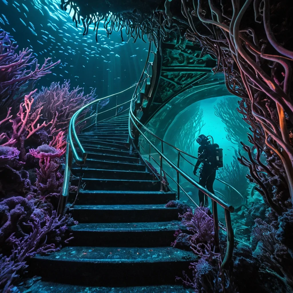 A horizontal, lowangle wide shot of a colossal, spiraling staircase carved from translucent, frosted coral that winds upward through a dense, bioluminescent kelp forest on an alien ocean floor. The stairs are illuminated from within by pulsating veins of violet and teal light, casting long, ethereal shadows on the surrounding sea grass. Floating gracefully around the structure are schools of small, metallic fish with scales that reflect the neon glow, creating a shimmering, liquid curtain of color. In the foreground, a diver in a sleek, vintageinspired brass diving suit with a glass helmet walks up the steps, their boots leaving faint trails of glowing bubbles that drift upward toward the sunlit surface far above. The water is crystal clear with visible suspended