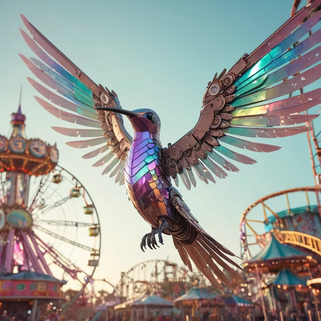 A giant, mechanical hummingbird with iridescent feathers hovering over a futuristic, abandoned amusement park, its mechanical wings stirring up dust that catches the light, hyperrealistic, 4K, cinematic lighting, volumetric lighting, atmospheric effects, dynamic lighting, bokeh effect, soft focus, lens flare, pastel tones, detailed textures.