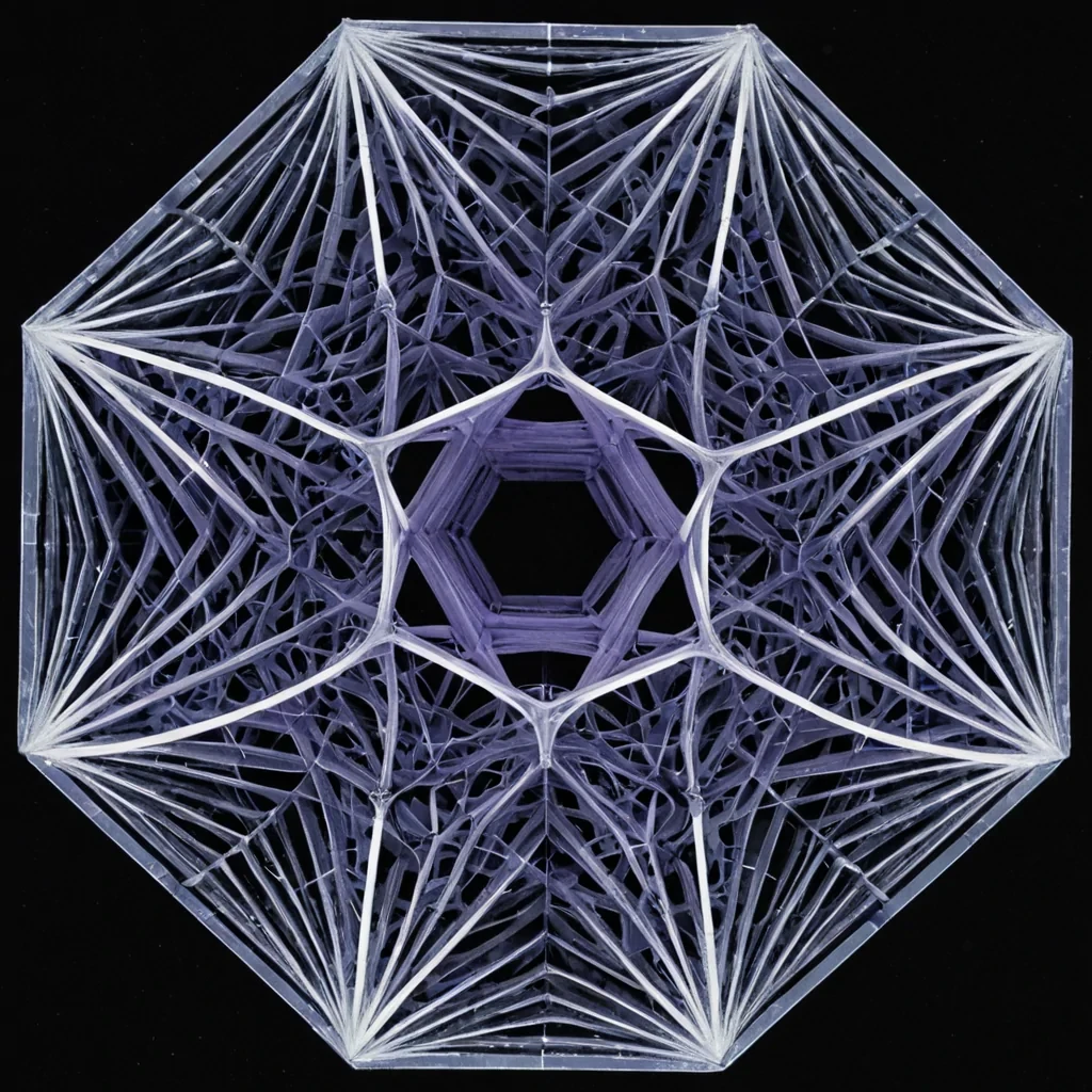 A precise, orthographic architectural blueprint of a impossible, floating pentagonal structure suspended in a vacuum of absolute zero darkness. The structure is composed not of stone or metal, but of solidified, highviscosity black ink that has been stretched into thousands of razorthin, translucent sheets, creating a complex, weblike lattice that mimics the neural pathways of a brain. Embedded within the negative space of the lattice are hundreds of tiny, perfectly spherical, opaque white pearls, each one glowing with a soft, internal bioluminescent pulse that shifts slowly from pale blue to warm lavender. The perspective is strictly topdown, eliminating depth cues, emphasizing the twodimensional flatness of the ink sheets against the stark void. The only light source is the