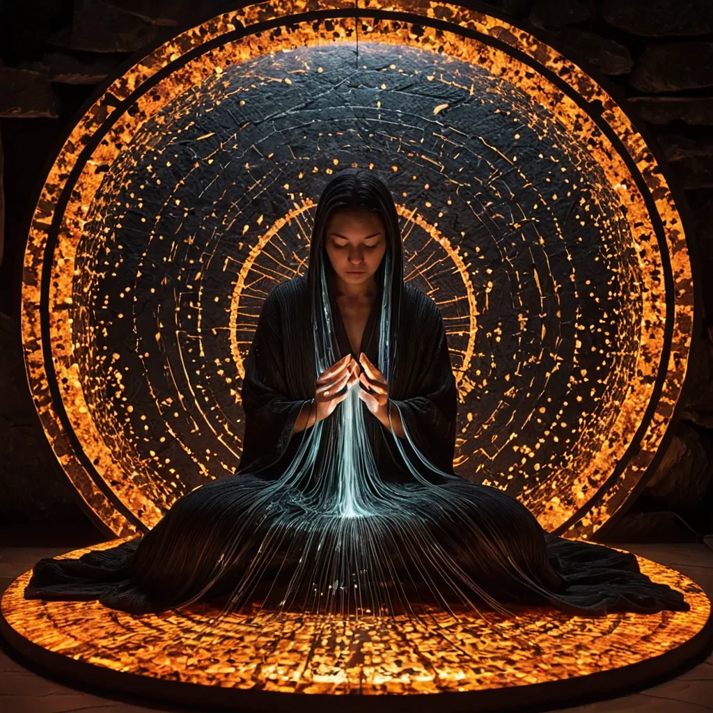 A vertical, eyelevel medium shot of a serene, subterranean sanctuary carved from polished black basalt, where the walls are inlaid with intricate, glowing veins of liquid amber that pulse with a warm, rhythmic light. In the center of the room stands a massive, circular loom constructed from translucent, frosted glass spindles, weaving threads of pure, gossamerthin moonlight into a floating, threedimensional tapestry of shifting geometric patterns. A figure wearing a sleek, minimalist robe made of iridescent, nacrelike fabric sits crosslegged at the base of the loom, their hands gently guiding the luminous threads. The air is filled with suspended, dustlike particles of crushed pearl that catch the