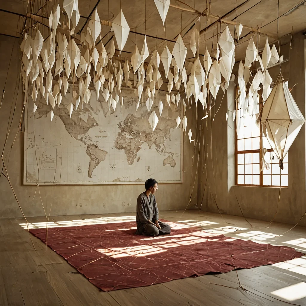 A horizontal, eyelevel medium shot of a tranquil, indoor sanctuary where the walls are composed of massive, vertical sheets of polished, raw quartz that ripple with internal light like slowmoving water. The room is devoid of traditional furniture instead, the space is filled with hundreds of suspended, geometric kites made from translucent, oiled parchment and thin bamboo frames, each tethered to the floor by slender, golden cords that converge at central, brass anchor points. The kites hover in a gentle, static breeze, their surfaces displaying intricate, handpainted maps of imaginary continents in faded ink tones of sepia, ochre, and slate blue. In the foreground, a figure sits crosslegged on a thick, woven rug of deep crimson wool,