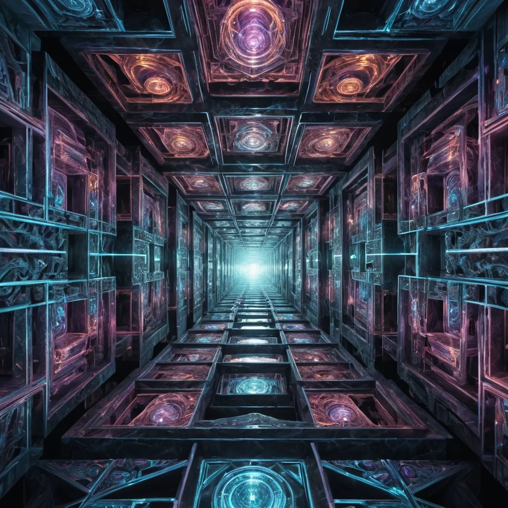 A hyperrealistic, 4K, ultra HD, opalescent, crystalline labyrinth, its geometric passageways and chambers rising from a shimmering, iridescent, amorphous core. Volumetric lighting from a distant, pulsating, ethereal source etches the labyrinths intricate, dynamic, prismatic architecture, casting mesmerizing, kaleidoscopic shadows on the inverted, reflective walls. Cinematic lighting bathes the scene in vibrant, spectral hues, with lens flare emphasizing the labyrinths central, radiant, crystalline nexus, pulsating with captive, alien, photonic energy. Photorealistic, fractal, crystalline formations unfurl ultra HD, zero gravity, aerodynamic conduits, creating
