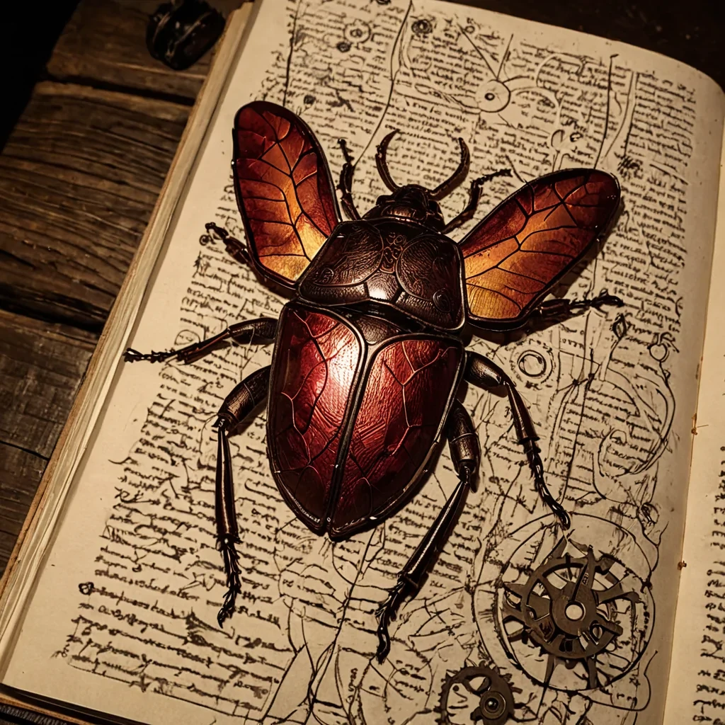 A tight, extreme closeup of a weathered, cracked leather journal resting on a rough, saltencrusted wooden table, its pages fanned open to reveal handdrawn sketches of complex, interlocking clockwork gears rendered in sepia ink. Above the journal, hovering just inches from the paper, is a single, large, translucent beetle with wings that resemble stained glass, displaying intricate patterns in deep crimson and amber. The beetle is not resting its legs are splayed out as if it is about to take flight, casting a sharp, jagged shadow onto the sketches below. The lighting is dim and moody, coming from a single, flickering candle out of frame to the left, creating deep, dramatic shadows that emphasize