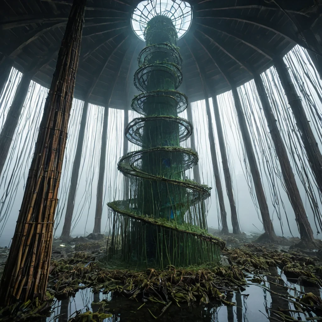 A vertical, ultrawide architectural shot of a colossal, spiraling tower constructed from stacked, translucent layers of compressed, dried kelp and woven bamboo, rising out of a dense, foggy marshland. The structure is organic and porous, with large, circular openings revealing intricate, spiraling staircases made of polished, dark slate stone. Inside the tower, thousands of small, bioluminescent fungi in varying shades of electric blue and neon green cling to the walls, providing a cool, ethereal illumination that contrasts with the warm, golden sunlight filtering through the mist from the left. The base of the tower is submerged in shallow, clear water, revealing a complex network of submerged, rootlike structures made of braided, oxidized copper that