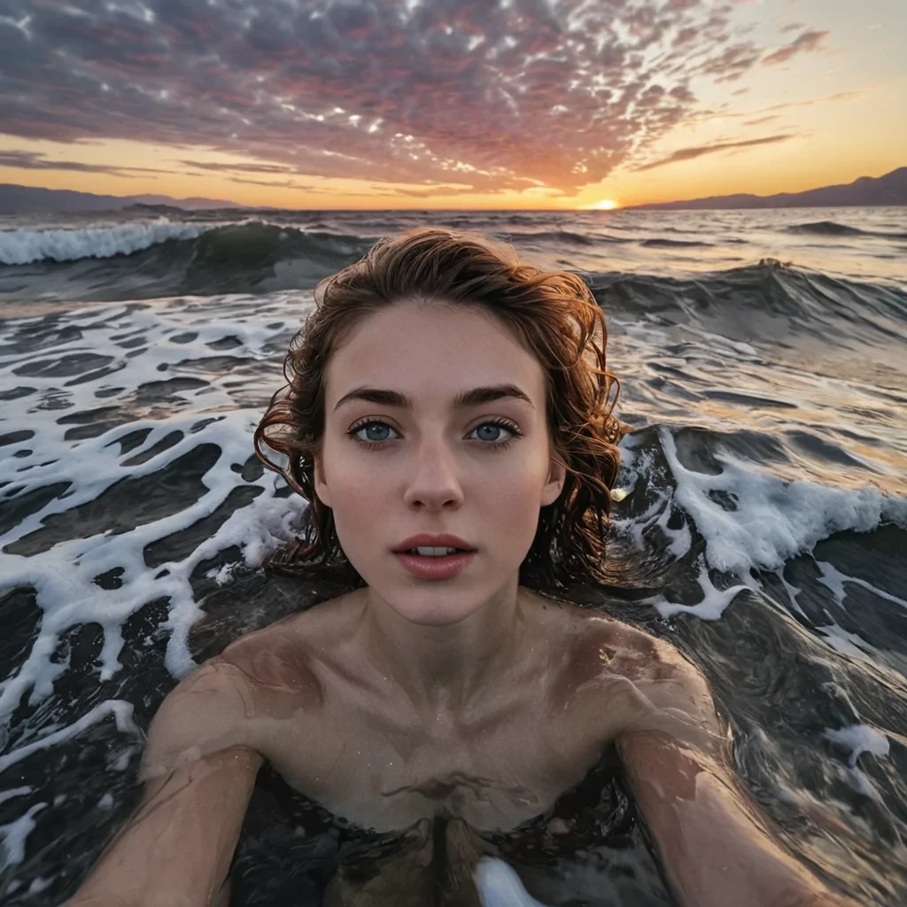 A photorealstic selfie taken from beneath undulating waves at dusk reveals glimpscrs o