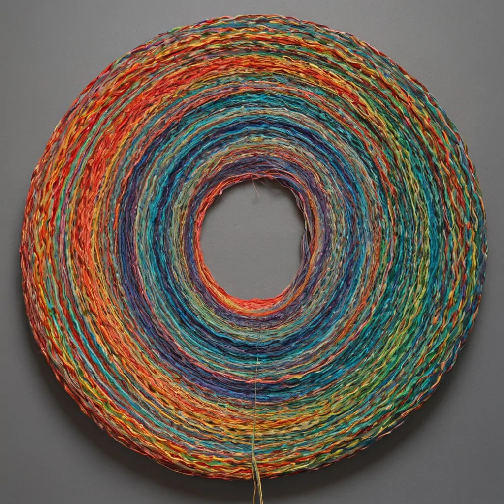 A single, selfilluminating loom of reversed light, shaped like a 23dimensional braid of unformed color and inverted refraction, floats at the center of a vast, inverted atelier of solidified silenceeach thread spun from the petrified moment between a brushstroke and its absence, a palette never mixed, a canvas never touched in a civilization that measured art not by creation, but by the duration of synchronized, breathless hesitation held just before the first pigment was ever permitted to settle on a surface. The loom does not weaveit uncreates, each spiraling strand shedding a layer of chromatic potential that never coalesced into a shared vision, reforming into ephemeral, iridescent after