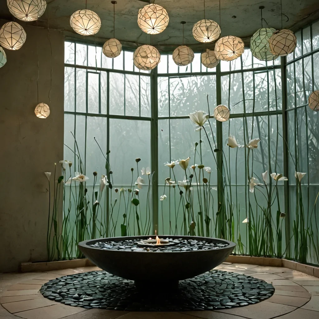 A horizontal, eyelevel medium shot of a quiet, interior greenhouse bathed in diffused, cool morning light, where the walls are constructed from large, seamless panes of frosted, milkywhite glass that soften the outside world into an abstract haze. The floor is a mosaic of irregular, polished river stones in shades of slate gray and deep charcoal, arranged in a radial pattern around a central, shallow basin filled with clear water and floating lily pads made of vibrant, emeraldgreen velvet. Suspended from the ceiling by thin, invisible filaments are hundreds of geometric paper lanterns in muted tones of terracotta, sage, and cream, each containing a small, flickering candle that casts warm, soft shadows. In the center