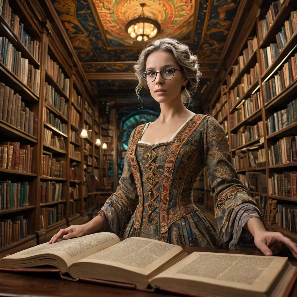 A hyperrealistic, 4K, ultra HD portrait of a timetraveling librarian, her eyes a kaleidoscope of forgotten ages. The librarians hair, a cascade of shimmering antique pages, gently rustles with each turn of her head. Her dress, a tapestry of bygone eras, weaves through the centuries with every fold. The background is a surreal, labyrinthine library, its shelves stretching infinitely into the past and future, with floating tomes of every color and size. Distant echoes of ancient civilizations and future worlds cast a soft, ethereal glow upon the scene. Cinematic lighting accentuates the librarians timeless wisdom, while a subtle bokeh effect blurs the librarys cosmic backdrop, creating