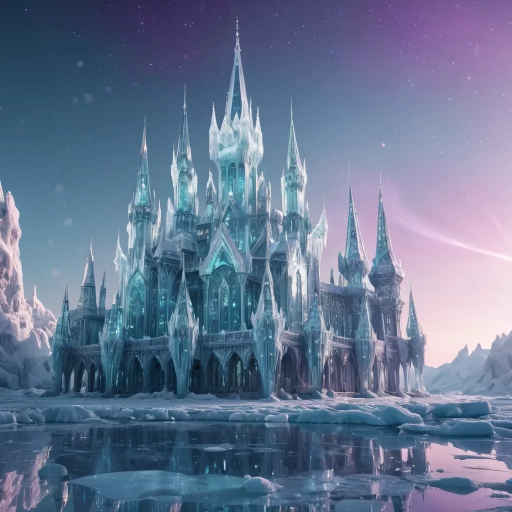 Photorealistic, colossal, floating, icecrystal palace, its hyperrealistic, 4K, geometric spires refracting ultra HD light, casting intricate, dynamic, prismatic shadows on the mirrored, frostkissed void. Volumetric lighting etches the palaces ethereal, frostflower towers, while atmospheric effects create a mesmerizing, arctic haze. Cinematic lighting bathes the scene in vibrant, icy blues and purples, with lens flare emphasizing the palaces central, radiant, geodelike heart, pulsating with captive, frozen starlight.