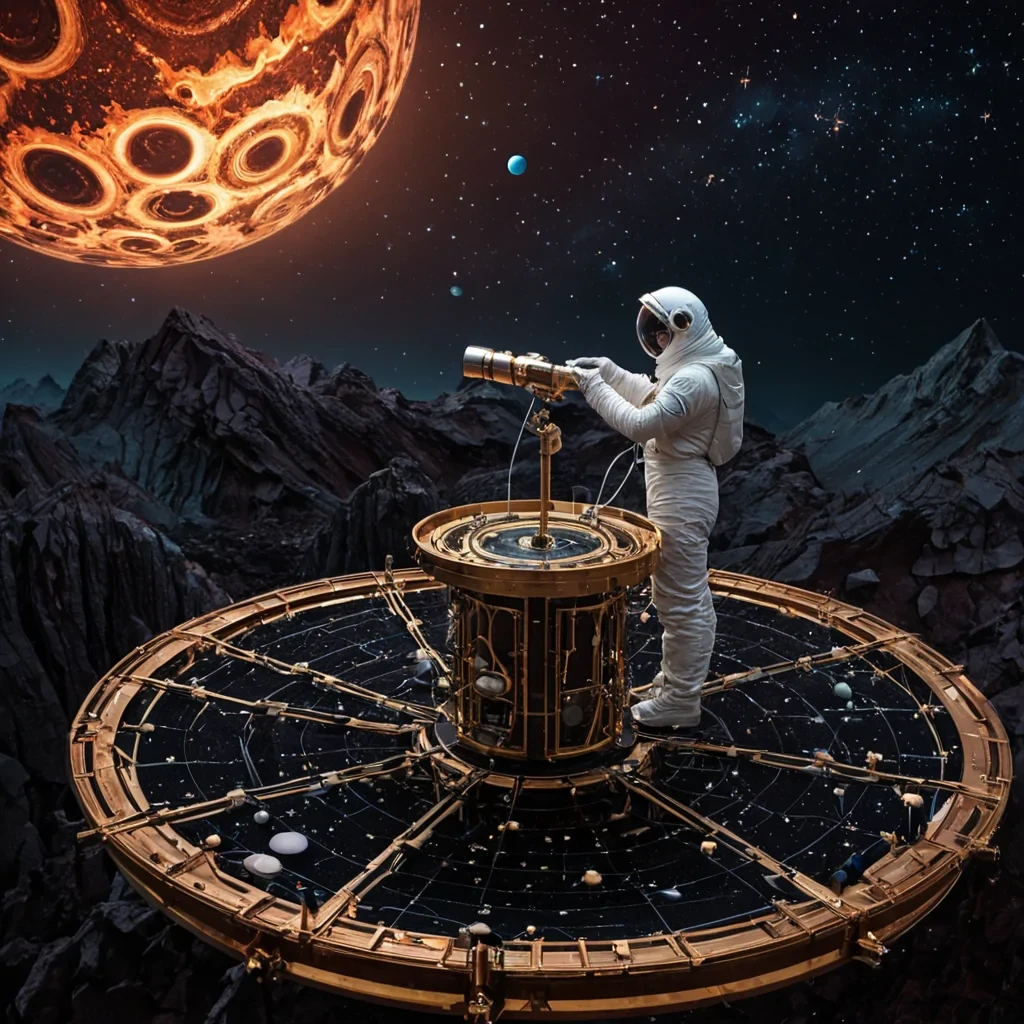 A horizontal, eyelevel wide shot of a suspended, circular observatory platform constructed from woven strands of iridescent spider silk and polished obsidian, floating in a dense, twilight atmosphere on a gas giant planet. The platform supports a massive, antiquestyle orrery mechanism made of tarnished silver and glowing amber crystals, which slowly rotates to map the positions of surrounding moonlets. In the center, a solitary figure wearing a sleek, white aerospace flight suit with a transparent visor kneels on a mat of deep crimson velvet, adjusting a delicate lens on a brass telescope that points not at the stars, but downward into the swirling, turbulent clouds of the planets core. The air is thick with suspended, glowing azure pollen that drifts in