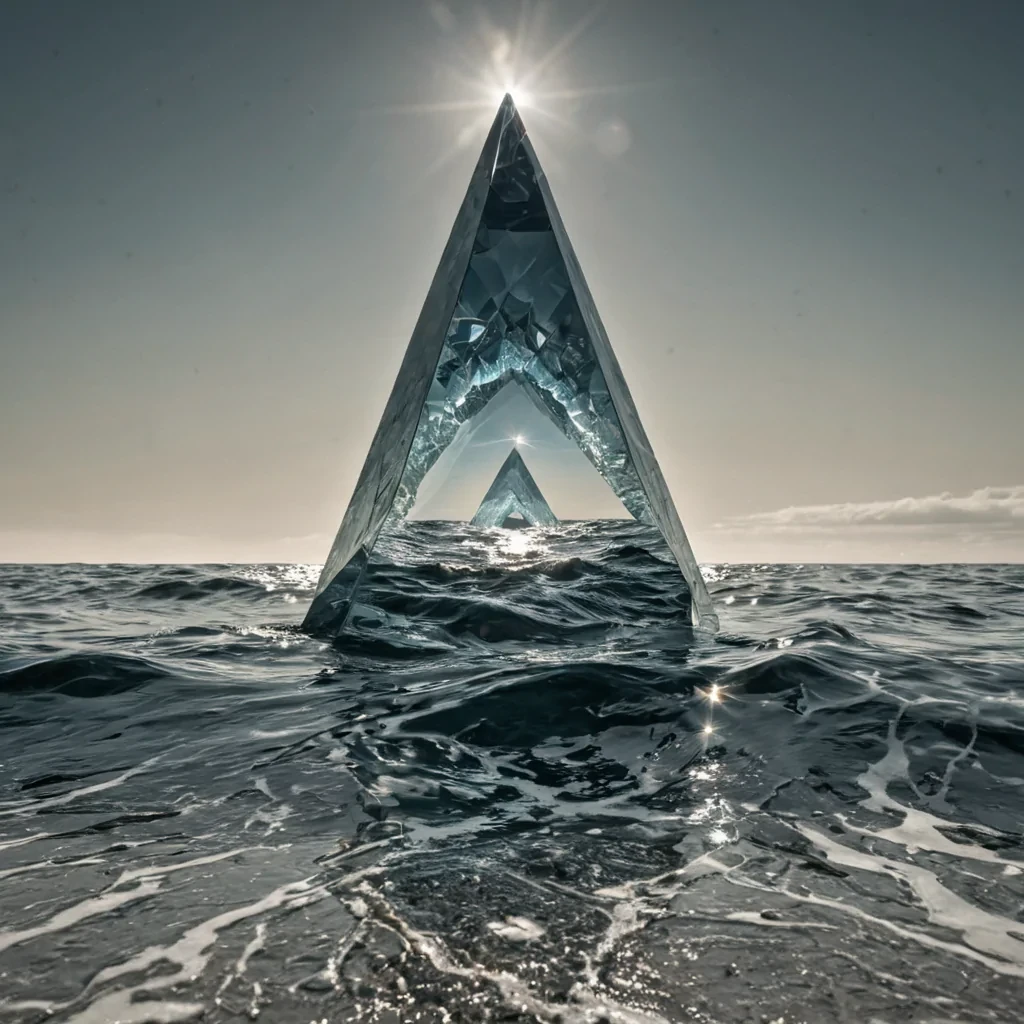A single, selfreflecting shard of compressed stillness, shaped like a 19dimensional fractal prism of inverted perception and unformed awareness, hovers at the center of a vast, inverted ocean of solidified dreams  each wave sculpted from the petrified subconscious of a civilization that measured identity not by name, but by the duration of synchronized, breathless silences held just before the first thought was ever permitted to crystallize into a self in a world where introspection was forbidden. The shard does not mirror  it unthinks, each refractive facet shedding a layer of cognitive potential that never coalesced into a shared consciousness, reforming into ephemeral, moonstonethreaded afterimages shaped like the negative space
