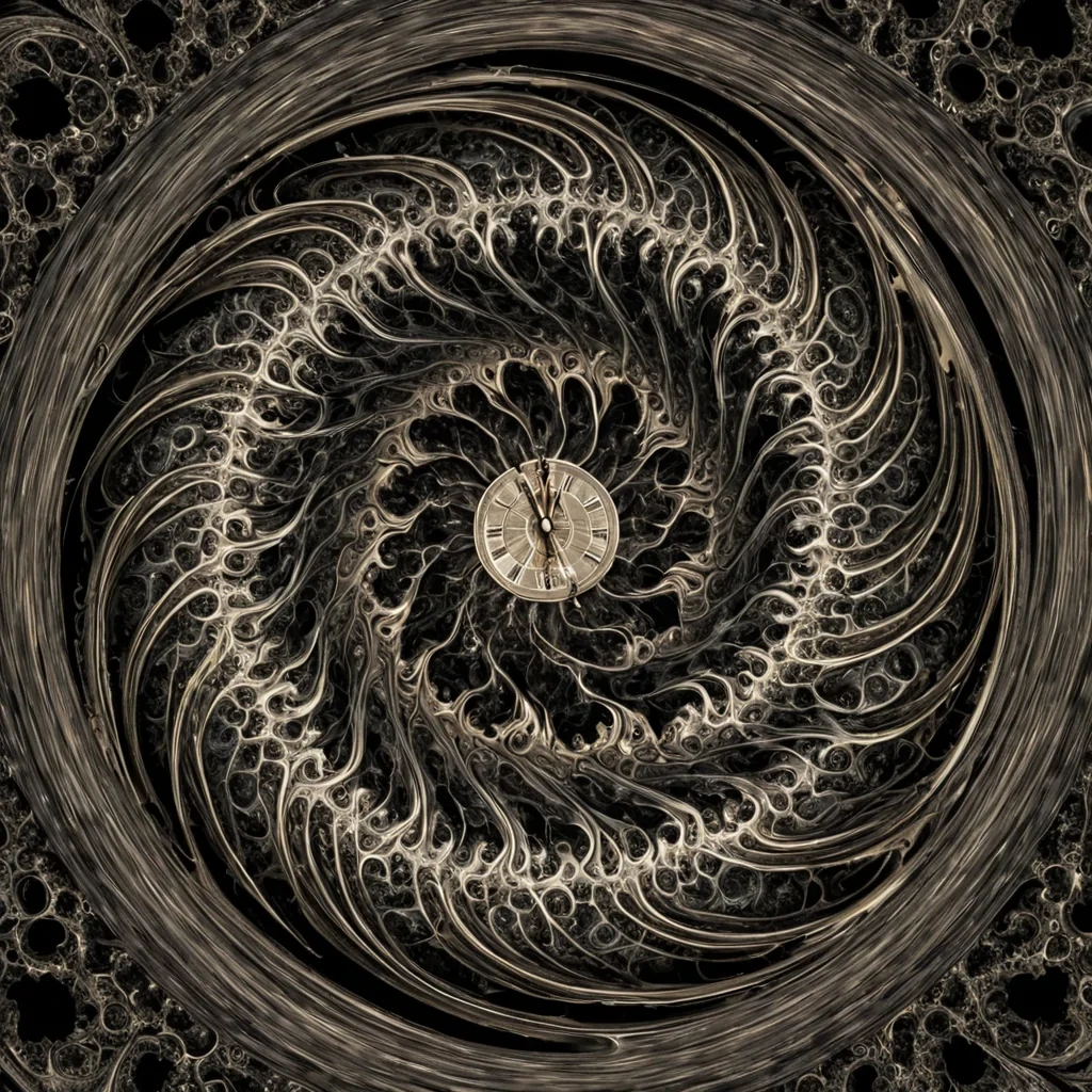 A single, selfresonating fractal of reversed time, shaped like a 17,429dimensional spiral of unformed chronology and inverted causality, pulses at the center of a vast, inverted hourglass of solidified stasis  each grain forged from the exact moment between a clocks hand turning and its refusal to move, a heartbeat syncing with the universe and dissolving into nonrhythmic stillness, a decision forming in the mind and collapsing into pure, unmeasured nonsequence. The fractal does not measure duration  it unmeasures it, each shimmering layer shedding a thread of temporal potential that never coalesced into linear progression, reforming into ephemeral, amethystveined after