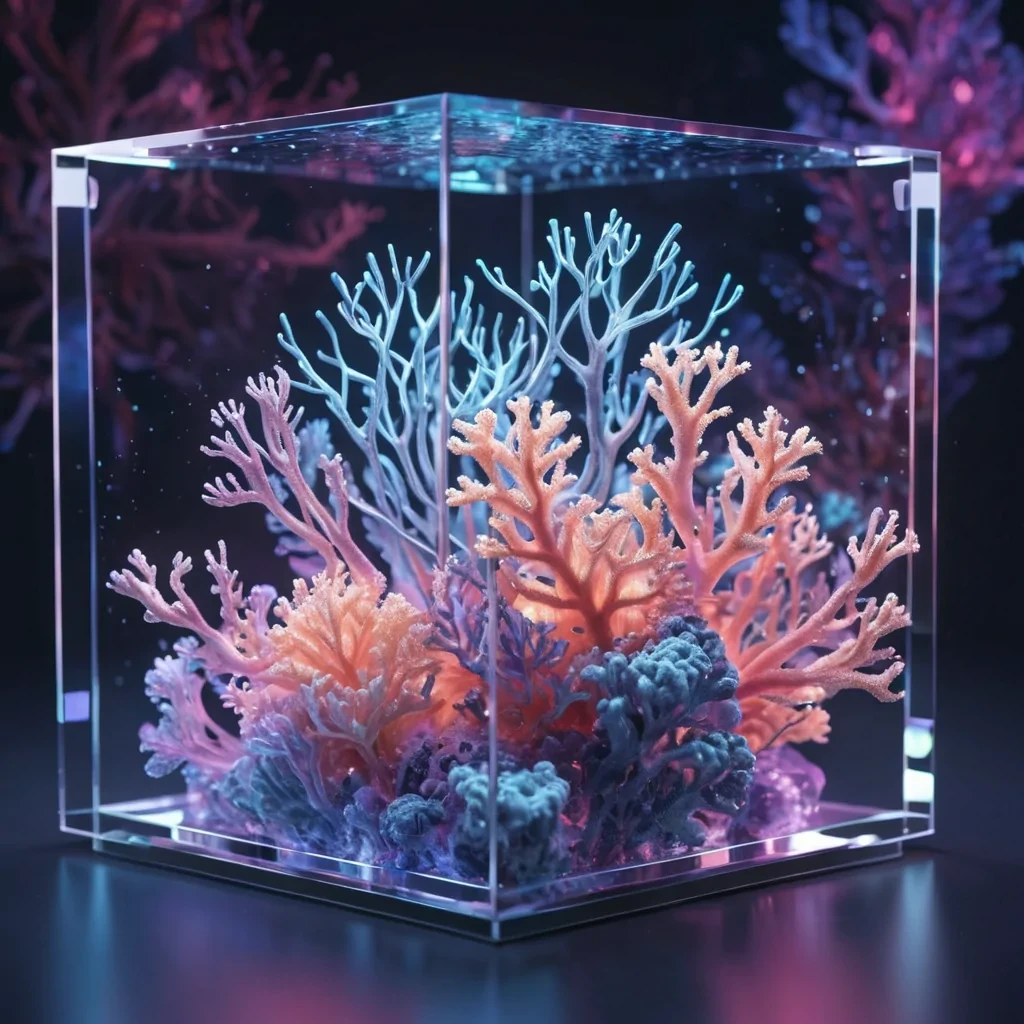 Hyperrealistic neon corals with reflective metallic fronds swaying in a cubic sapphire chamber filled with ethereal quantum mist, holographic tendrils pulsating in dynamic lighting, soft focus, pastel tones, 4K