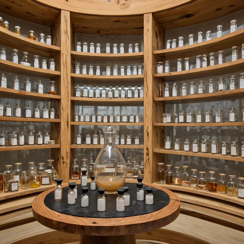 A horizontal, eyelevel medium shot of a quiet, sundrenched archive of preserved scents, housed within a circular chamber lined with curved shelves of warm, honeytoned cedar wood. The room is filled with hundreds of slender, stoppered glass vials, each containing a swirling, opaque mist in varying hues of amber, slate gray, and pale rose, suspended in a viscous, clear liquid that ripples gently without motion. In the foreground, a perfume alchemist with skin resembling smooth, polished soapstone and wearing a loose, sleeveless tunic of textured, creamcolored linen stands behind a low table made of raw, unvarnished birch. They are carefully uncorking a small, round vial that releases a