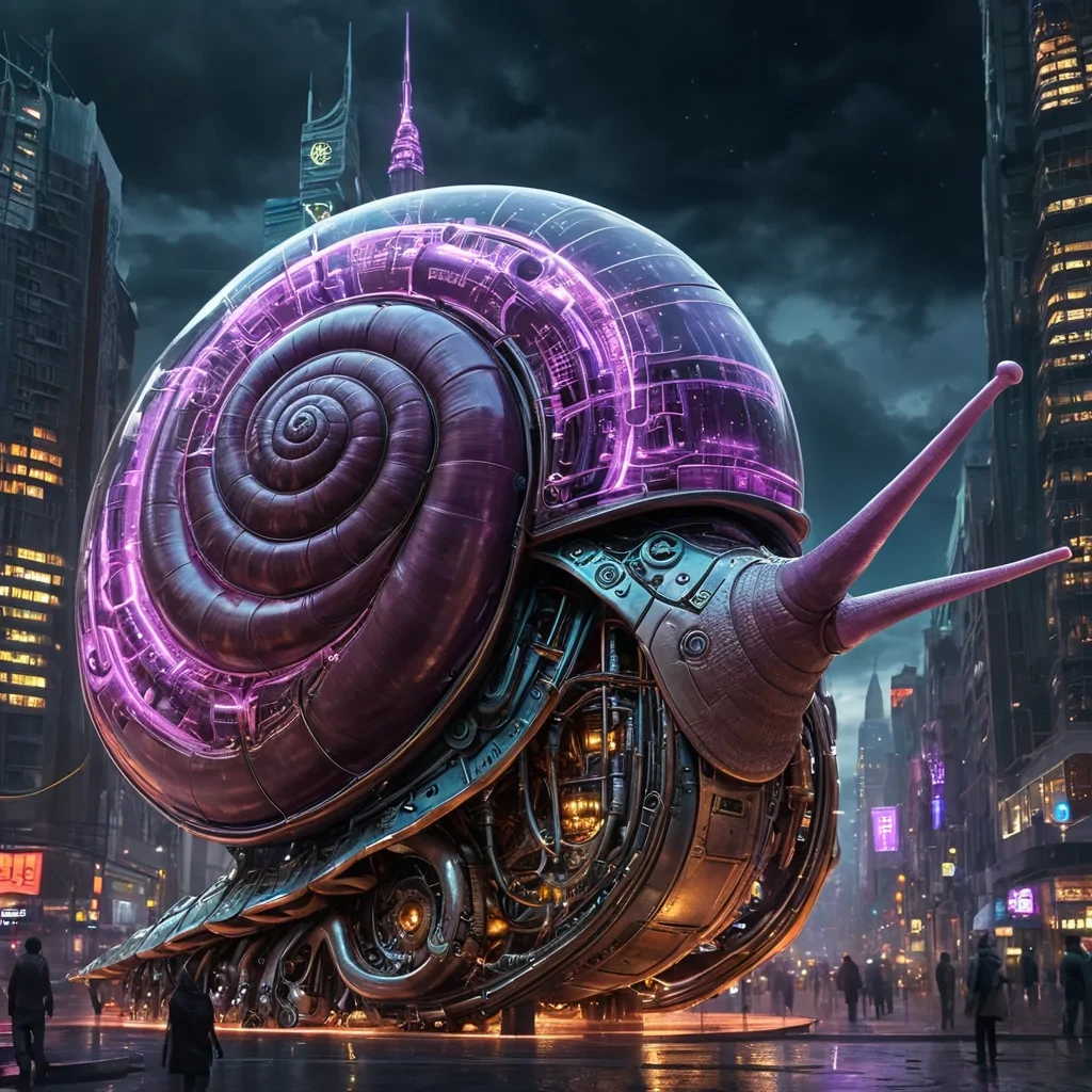 A colossal, ancient, mechanical snail, its metallic shell adorned with intricate, pulsating neon circuits, inches through a stormy, amethyst nebula. Within its transparent, bioluminescent body, a labyrinthine, neonlit cityscape sprawls, its towering, glass spires casting ephemeral shadows on the citys sentient, robotic inhabitants. Rendered in ultra HD, with dynamic lighting, atmospheric effects, and vibrant colors, evoking a sense of surreal, otherworldly wonder at this celestial, mechanical marvel.