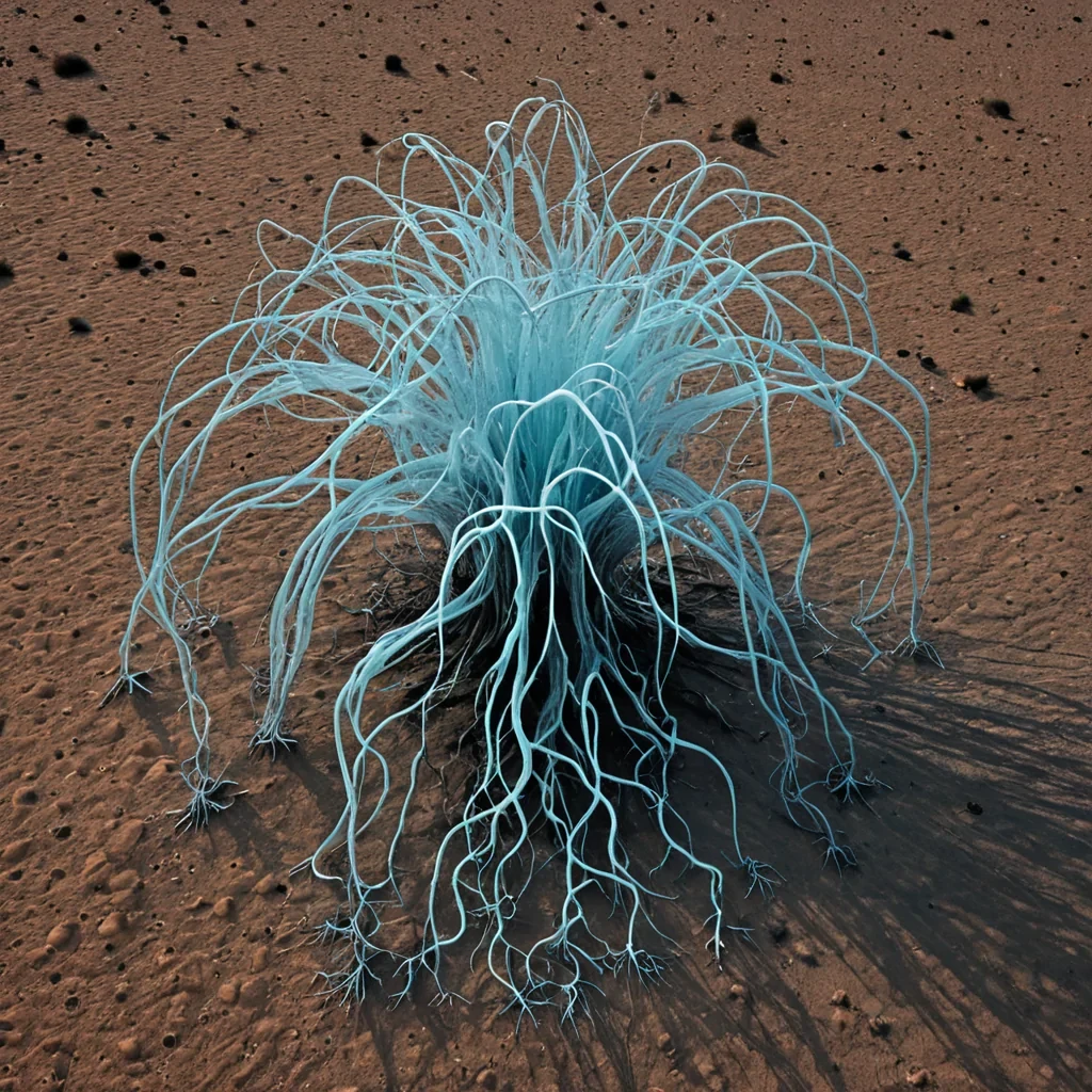 A single, selfilluminating cluster of bioluminescent, geometric roots emerges from the center of a vast, still desert composed entirely of powdered silence and compressed time, their tendrils not growing downward but spiraling upward like the memory of a breath held too long. The roots do not anchorthey resonate, each node pulsing with the faint, thermal afterimage of a question asked in a language that no longer exists. The desert floor is not sandit is a thick, viscous layer of solidified stillness, its surface cracked in perfect, nonEuclidean patterns that mirror the frequency of a heartbeat that never formed. Above, the sky is not skyit is a mirror of inverted constellations, each star not a