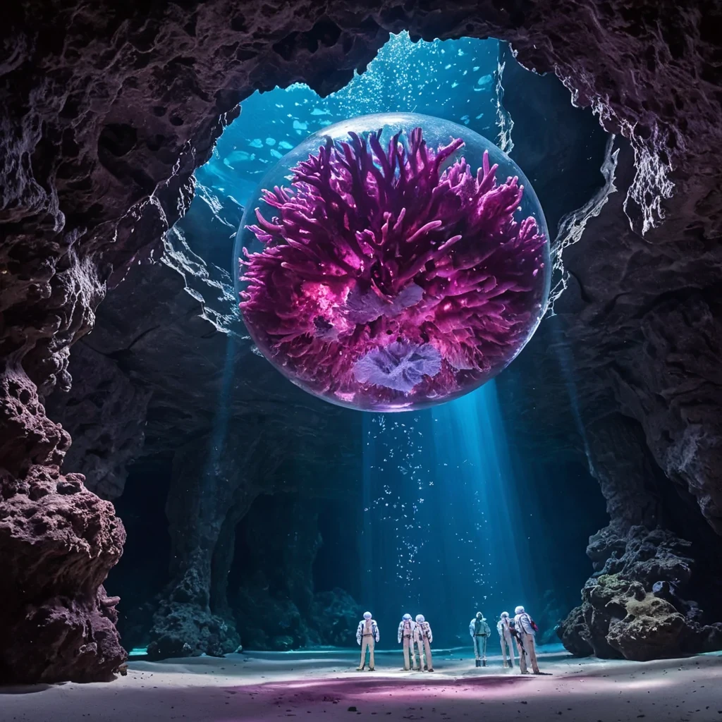 A wideangle, macroview of a colossal, subterranean coral reef composed entirely of vibrant, translucent quartz crystals in hues of electric blue and magenta, growing within a vast, pressurized underwater cavern. Suspended above the reef is a massive, spherical observation dome made of thick, distorted glass, revealing the interior where a group of pale, humanoid figures with elongated limbs in sleek, white hydrosuits are gently floating in zerogravity, tending to glowing, bioluminescent algae strands that drift like underwater smoke. The water is crystal clear, illuminated by shafts of harsh, artificial violet light beaming down from the cavern ceiling, creating sharp caustic patterns on the smooth, sandy floor below. The scene captures