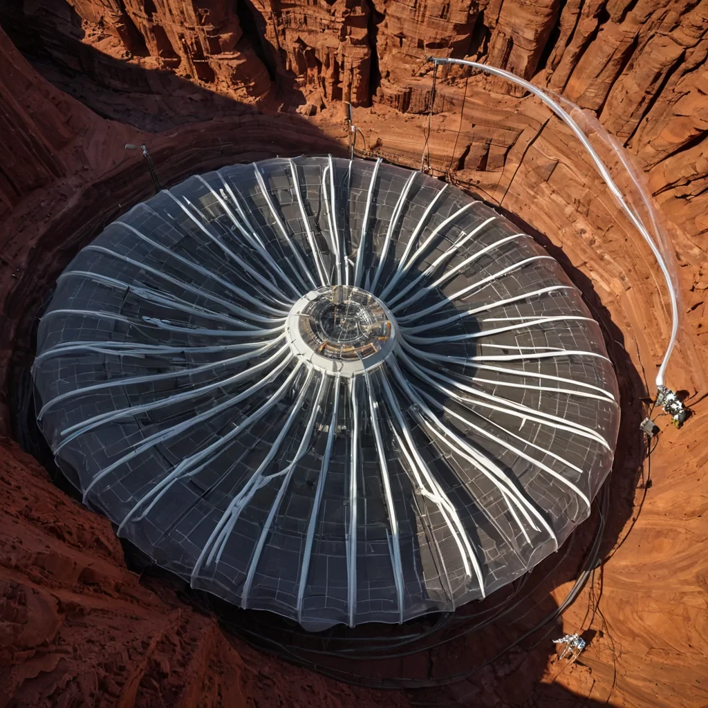 A sweeping, ultrawide aerial perspective of a colossal, spiraling data center built into the side of a massive, rusted red canyon, where the cooling systems are not mechanical but biological. Thousands of giant, pale, translucent lungs made of stretched, rubberized membrane hang from the canyon walls, inflating and deflating in slow, synchronized pulses to regulate the internal temperature. The air is thick with drifting spores of neon green digital code that float like pollen, illuminating the cavernous spaces. In the foreground, a sleek, mattewhite maintenance drone with six delicate, spindly legs made of carbon fiber is perched on the edge of a glowing, liquidcyan coolant pool. The drones body is a smooth, uninterrupted curve