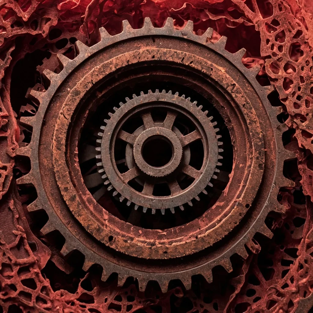 A tight, extreme closeup shot of a single, massive, rusted industrial cog suspended in a void of thick, swirling, deep crimson velvet smoke. The gear is not made of steel, but of layered, dried, translucent sheets of reddishbrown paper, each layer intricately perforated with thousands of tiny, sharp holes that emit a faint, warm, amber glow from within. The edges of the paper layers are slightly frayed and curled, suggesting age and fragility, yet the structure remains rigid. Surrounding the central gear, dozens of thin, flexible, black ribbons of magnetic fluid snake through the air, forming a complex, threedimensional lattice that wraps around the object. The ribbons are perfectly still, defying gravity