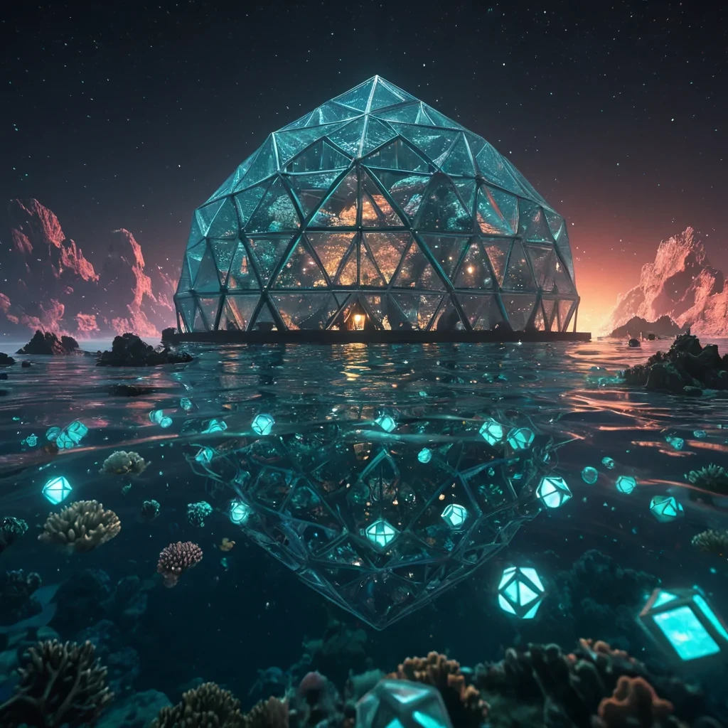Photorealistic, titanic, geodesic, coral reef metropolis, its hyperrealistic, 4K, glistening, polyhedral structures ascending ultra HD, bioluminescent, underwater ecosystems. Volumetric lighting from unseen, pulsating, bioluminescent cores etches the citys ethereal, geometric architecture, casting intricate, dynamic, bioluminescent shadows on the inverted, reflective void. Cinematic lighting bathes the scene in vibrant, otherworldly hues, with lens flare emphasizing the citys central, radiant, throbbing, geodesic heart, pulsating with captive, artificial, bioluminescent energy.