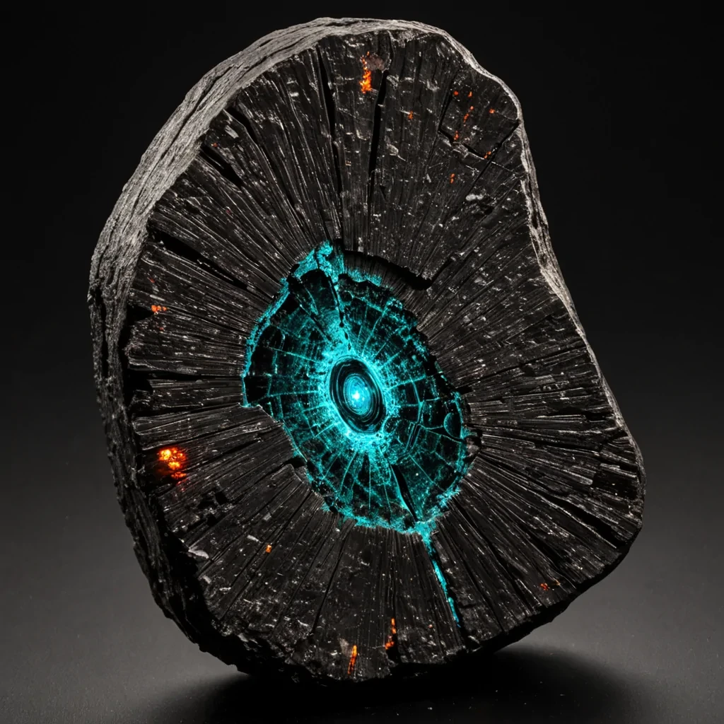 A hyperdetailed, lowkey studio photograph of a massive, vertical slice of raw, unpolished meteorite core, standing upright on a seamless matte black surface. The stone is jagged and irregular, composed of dark, metallic ironnickel alloys with intricate Widmansttten patterns visible in the polished crosssections, glowing with a faint, internal amber heat. Wrapped tightly around the center of the meteorite is a complex, spiraling coil of thick, insulated copper wire, oxidized to a vibrant, electric turquoise, with small, glowing red LED indicators embedded at regular intervals. From the base of the coil, thin, translucent fibers of optical fiber emerge, spreading out like roots across the black floor, each tip pulsing with a