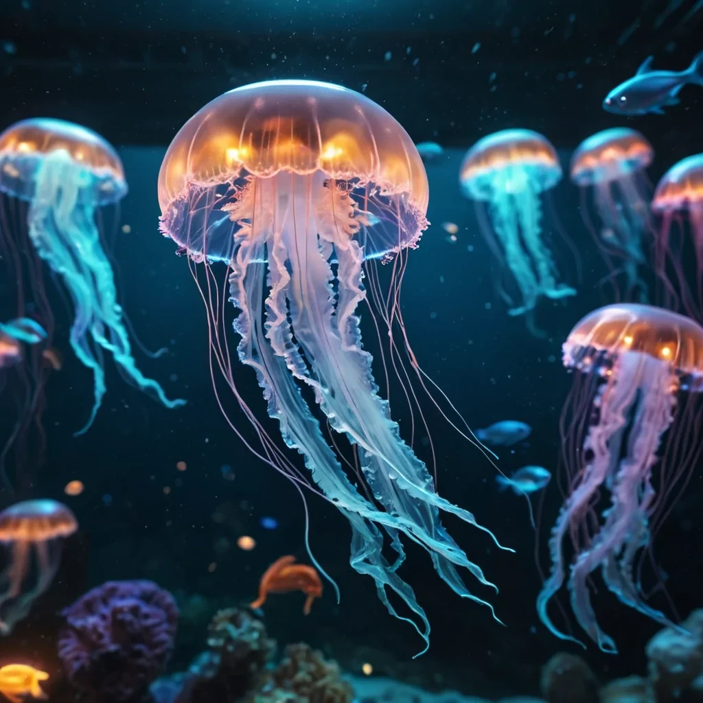 A lone, luminescent jellyfish floating in a zerogravity aquarium, surrounded by schools of glowing, bioluminescent fish, hyperrealistic, 8K, cinematic lighting, volumetric lighting, atmospheric effects, dynamic lighting, bokeh effect, soft focus, lens flare, neon colors, detailed textures.