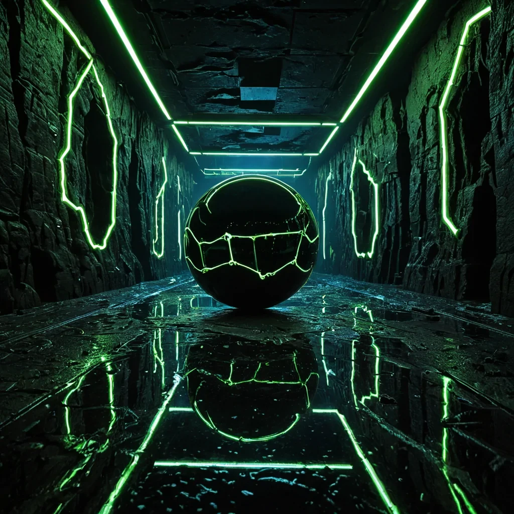 A wideangle, lowkey cinematic shot of a vast, subterranean cavern floor paved with seamless, matte black volcanic glass, upon which sits a single, colossal, hollowedout human femur standing vertically as a monolithic sculpture. The bone is bleached to a ghostly white, its surface etched with intricate, glowing circuitry in neon lime green that pulses with a slow, rhythmic energy. Suspended around the bone in a tight, rotating orbit are hundreds of tiny, perfectly smooth, obsidian spheres, each reflecting a distorted, vibrant image of a bustling, rainy cyberpunk city street with neon signs in red and blue. The floor is wet and reflective, mirroring the limegreen glow and the dark spheres. Above,