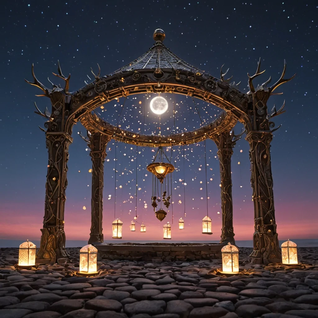 A celestial crescent moon hangs low in the velvety sky, casting an ethereal glow over a cobblestone squarescape where silver lanterns sway gently in the breeze. Intricate gyroscopic lamps dance above the ground, their crimson facets reflecting the ambient moonlight into shimmering prisms. In the center, a whimsical automaton, adorned with polished brass gears and crystal semicircles, rotates a radiant sundial, its base rooted in golden sand. Luminous bubbles hover around it, each one refracting the silvery moonbeams into kaleidoscopic patterns. The horizon shifts seamlessly into a silken band of pastel clouds, where a bioluminescent elk with antlers shaped like delicate branches gazes ser