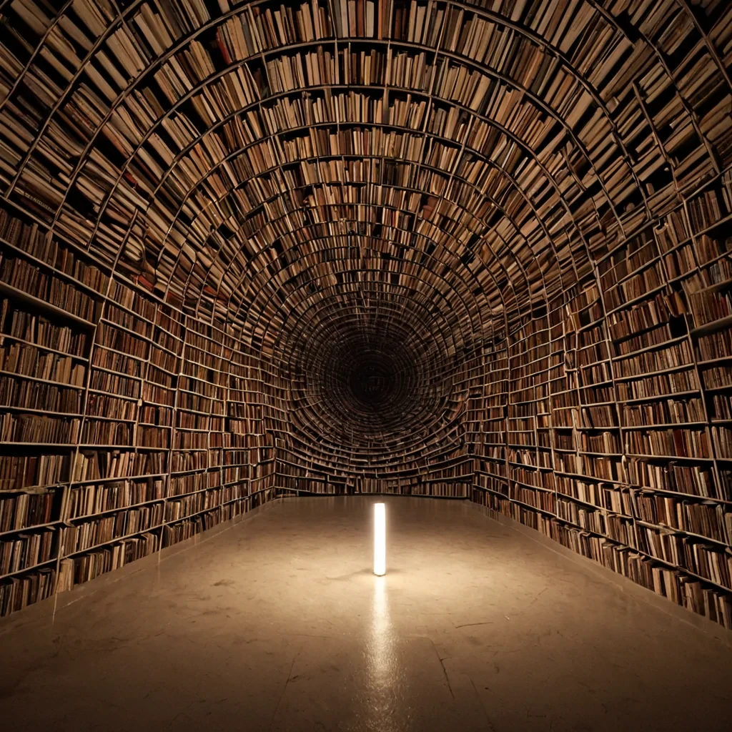 A single, selfilluminating thread of compressed twilight, shaped like a 3dimensional spiral of inverted silence and unformed sound, drifts through the center of a vast, inverted library composed of the petrified echoes of a civilization that measured knowledge not by books, but by the duration of synchronized, silent breaths held just before the first word was ever allowed to form in a world where language was never invented. The thread does not glowit unspeaks, each coil shedding a layer of linguistic potential that never coalesced into a shared meaning, reforming into ephemeral, amethystveined afterimages shaped like the negative space between two lips that never parted in unison during the same moment of mutual stillness.