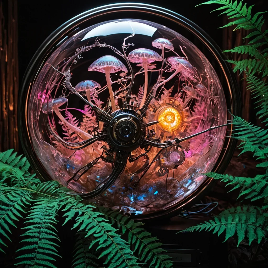 A vertical, eyelevel closeup of a hyperdetailed, macroscale scene set inside a colossal, hollowedout translucent quartz crystal. The interior walls are lined with intricate, brassandcopper clockwork mechanisms interwoven with living, bioluminescent fungal roots in shades of neon pink and electric blue. In the center, a small, spherical drone made of polished chrome and stained glass hovers motionless, emitting a soft, radial glow that illuminates dust motes dancing in the air. The foreground features a single, delicate fern leaf with veins replaced by fiberoptic cables pulsing with warm amber light, creating a striking contrast between organic texture and mechanical precision. The lighting is cinematic and dramatic, with deep shadows in the recess