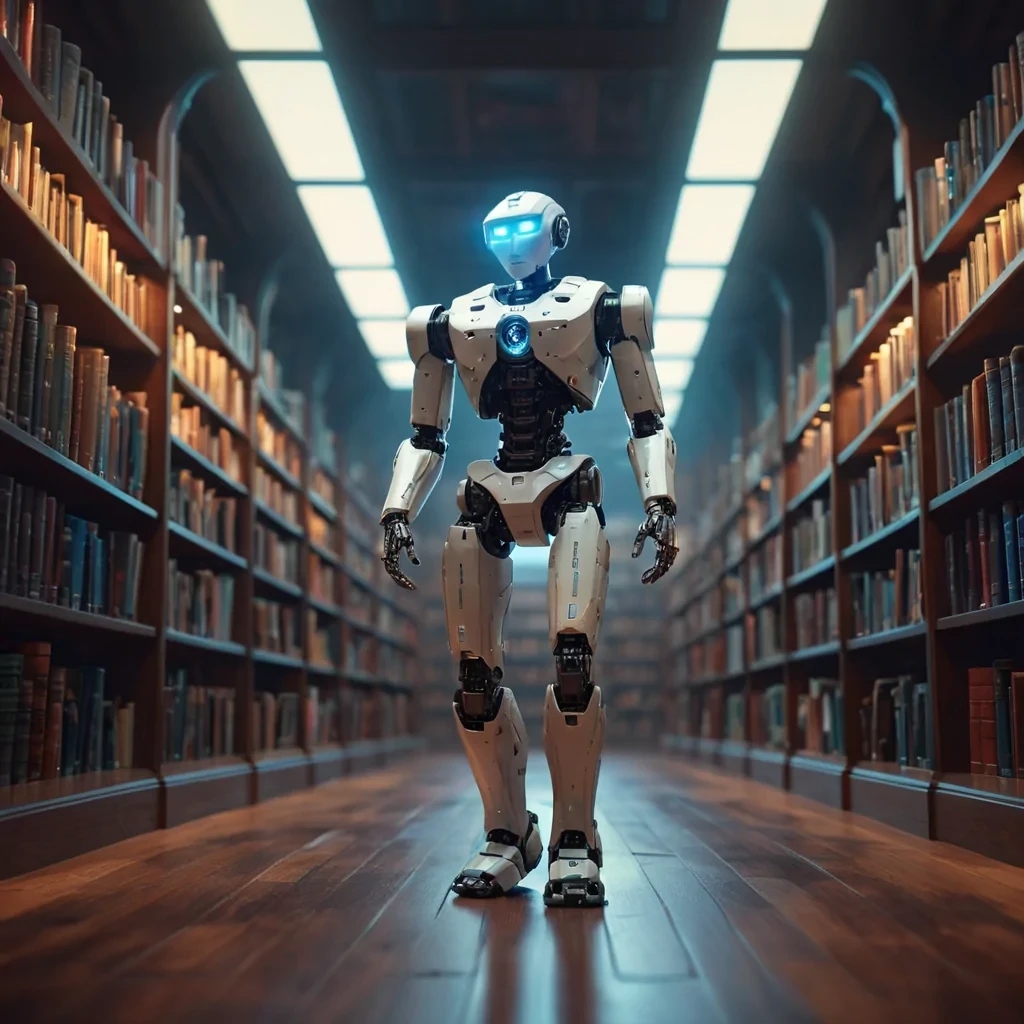 A lone, sentient robot wandering through a vast, empty library filled with levitating, holographic books, hyperrealistic, 4K, cinematic lighting, volumetric lighting, atmospheric effects, dynamic lighting, bokeh effect, soft focus, lens flare, vibrant colors, detailed textures.