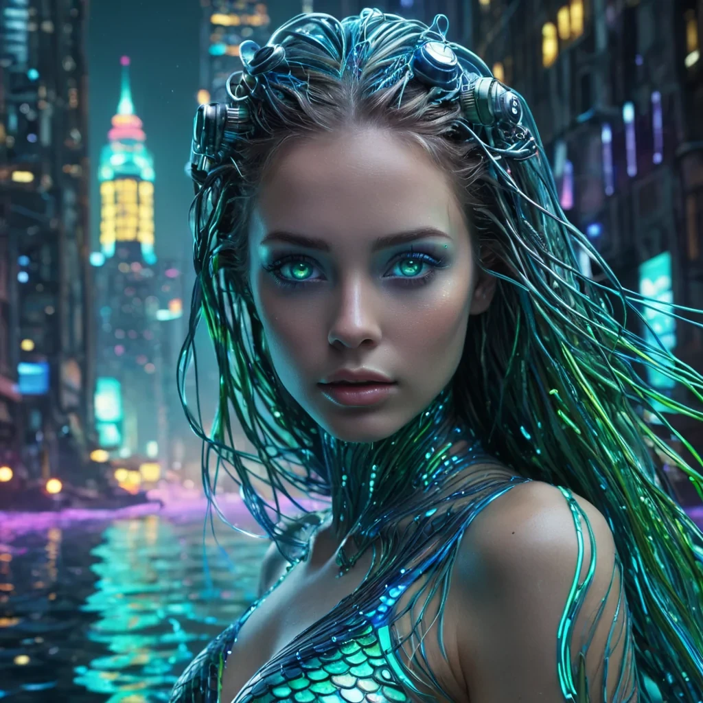 A hyperrealistic, 4K, ultra HD portrait of a cybernetic mermaid, her iridescent scales seamlessly blending with intricate circuitry. Her eyes, a mesmerizing swirl of electric blue and neon green, hold the secrets of the digital deep. The mermaids hair, a cascade of shimmering data streams and fiber optic strands, gently pulses with an otherworldly glow. The background is a surreal, neondrenched underwater cityscape, with distant hydroelectric plants and data hubs casting a soft, electric glow. Cinematic lighting accentuates the mermaids cybernetic features, while a subtle bokeh effect blurs the neonlit backdrop, creating an enchanting atmosphere.