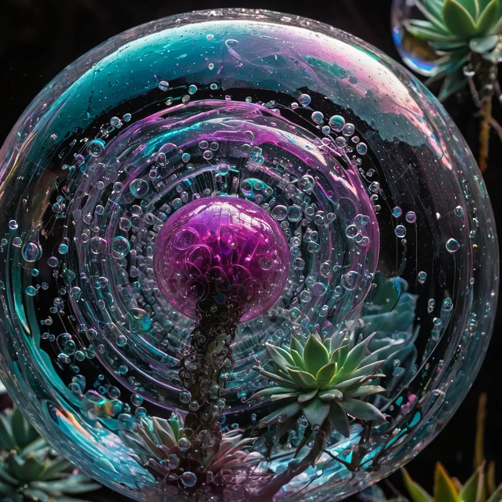 A dynamic, lowangle closeup of a chaotic, highspeed collision between two massive, floating spheres of solidified, iridescent soap bubble film, suspended in a humid, neonlit greenhouse filled with tall, slender succulents. The impact point is frozen in time, creating a complex, fractal web of stretched, translucent membranes that ripple outward in concentric rings, reflecting the magenta and cyan lights from the overhead rig in distorted, prismatic shards. Inside the bubbles, suspended in the clear liquid, are hundreds of tiny, floating, bioluminescent plankton that glow with a soft, pulsating emerald light, contrasting with the dark, wet sheen of the broken glasslike surfaces. The background is a blur