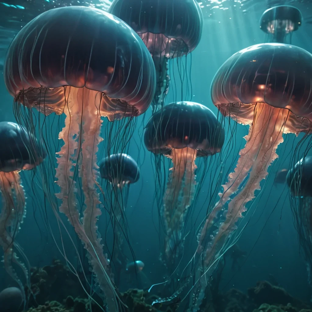 Photorealistic, colossal, undulating, opalescent, jellyfish metropolis, its hyperrealistic, 4K, translucent, pulsating structures revealing ultra HD glimpses of a bustling, bioluminescent, underwater world within. Volumetric lighting from unseen, bioluminescent sources etches the citys ethereal, bellshaped towers, casting intricate, dynamic, shimmering shadows on the inverted, reflective surface. Cinematic lighting bathes the scene in vibrant, otherworldly hues, with lens flare emphasizing the citys central, radiant, throbbing, jellyfish heart, pulsating with captive, alien marine life.