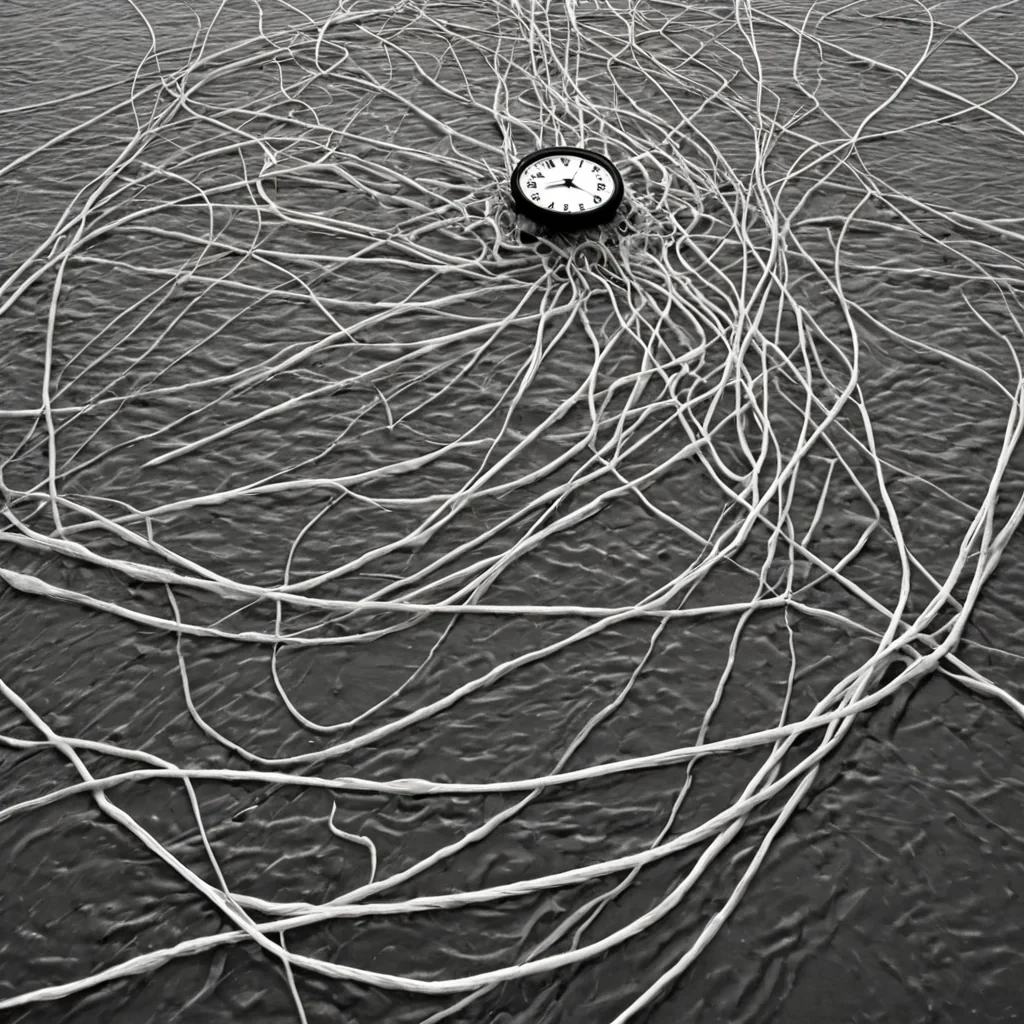 A single, selfigniting filament of reversed time, shaped like a 1,000,000,000dimensional thread of unformed chronology and inverted causality, floats at the center of a vast, inverted river of solidified future. Each strand is woven from the exact moment between a clocks hands turning and their refusal to move, a decision being made and dissolving into nonconsequence, a heartbeat beginning and collapsing into pure, unmeasured nonprogress. The filament does not measure timeit unmeasures it, each fraying point shedding a layer of temporal potential that never coalesced into memory, prediction, or linear continuity, reforming into ephemeral, amethystveined mist