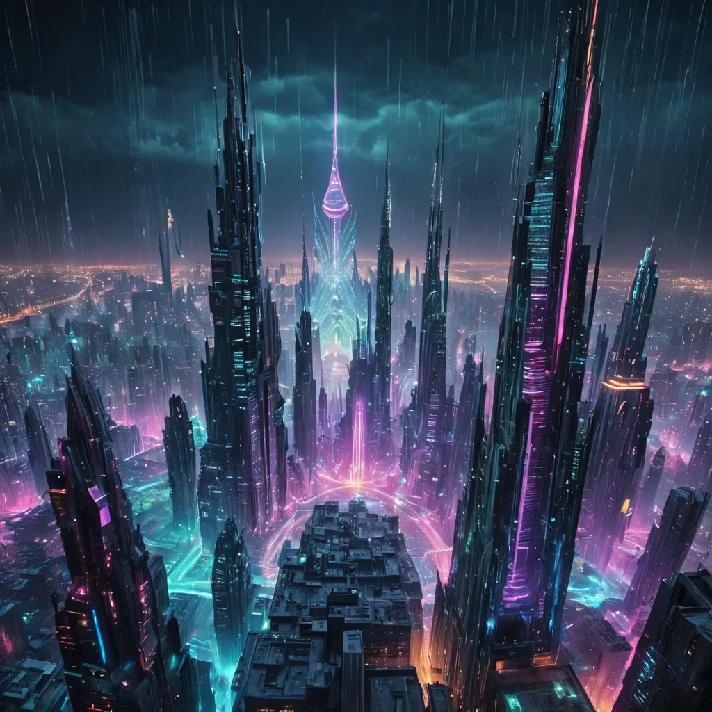 Photorealistic, Ultra HD, colossal, crystalline, levitating cityscape, its intricate, detailed spires and towers pulsating with vibrant, neon hues. Cinematic, volumetric lighting accentuates the citys geometric patterns, casting dynamic, otherworldly shadows. Atmospheric effects create a mesmerizing dance of holographic, ethereal rain, revealing the citys serene, alien expression as it hovers gracefully above a distant, ultraHD, pulsating, neonlit, underwater metropolis.
