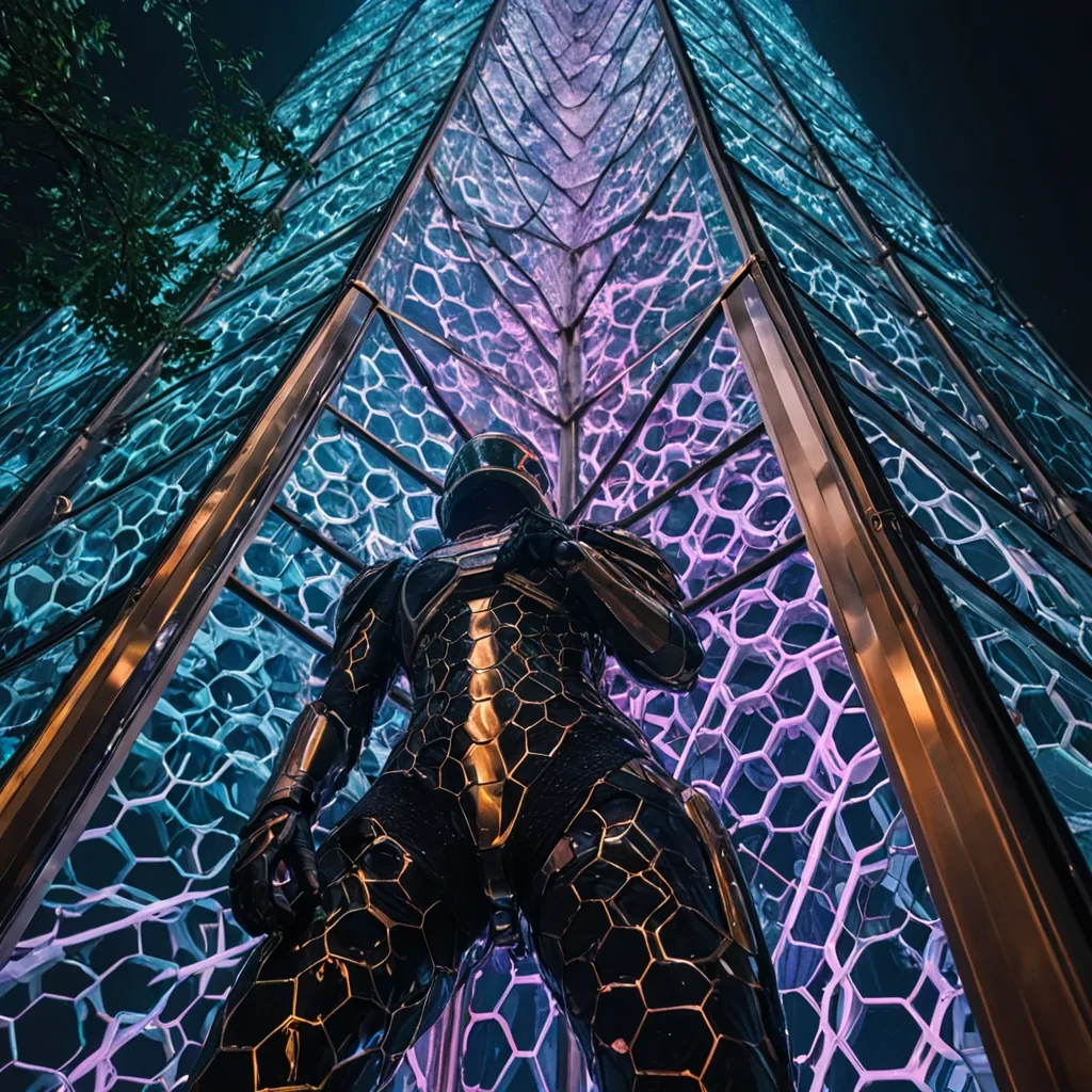 A vertical, lowangle macro shot of a towering, spiraling skyscraper constructed from thousands of interlocking, translucent hexagonal honeycomb cells filled with swirling, liquid neon mercury. The buildings exterior is draped in cascading vines of bioluminescent moss that pulse with rhythmic, electric blue light, contrasting with the cool, metallic sheen of the structure. In the foreground, a figure clad in a sleek, armored suit made of brushed rose gold and matte black composite materials stands on a narrow, glassenclosed observation deck, looking up at the intricate geometry of the tower. The air is thick with a fine, glittering mist of silver dust that catches the ambient light, creating a dreamlike, ethereal atmosphere. Cinematic