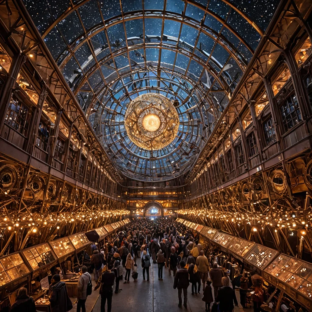 A horizontal, eyelevel medium shot of a bustling, openair marketplace suspended within the hollow core of a colossal, hollowedout brass telescope lens. The curved inner walls are lined with thousands of tiny, rotating apertures that act as individual stalls, each emitting distinct beams of colored lightcrimson, azure, and goldthat converge in the center to form a solid, walkable pathway of photonic energy. Floating above the lightpath are vendors clad in intricate, steampunkinspired gear, selling delicate, crystallized sound waves captured in glass orbs and folded maps of forgotten star charts. The atmosphere is thick with floating, golden dust particles that catch the focused beams of light, creating a shimmering, hazy veil around the scene.