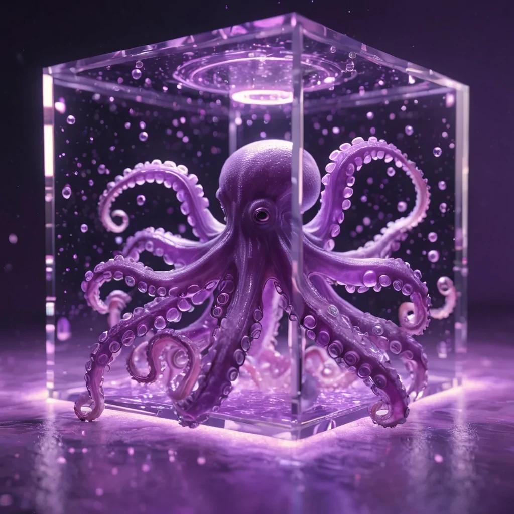 Hyperrealistic neon octopuses with reflective metallic tentacles dancing in a cubic amethyst chamber filled with glowing quantum droplets, holographic spirals twirling in volumetric lighting, soft focus, pastel tones, 4K