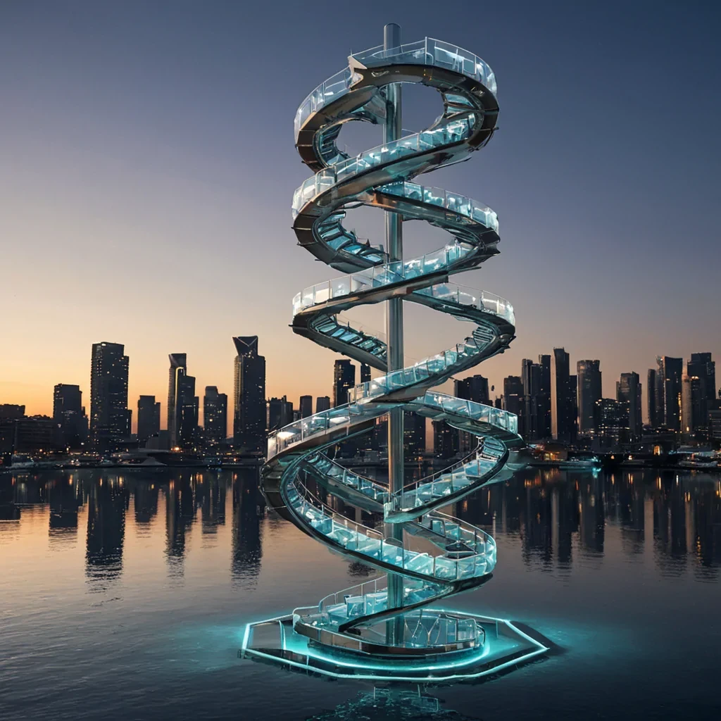 A horizontal, eyelevel wide shot of a surreal, vertical cityscape built entirely on the exterior of a colossal, spiraling DNA helix that rises from a sea of liquid mercury. The double helix strands are constructed from polished, translucent ribbons of iridescent motherofpearl that shift between soft pearlescent white and deep oceanic blue, while the connecting rungs are delicate bridges of glowing, warm amber light that pulse rhythmically. Suspended from these bridges are numerous floating, hexagonal habitats made of frosted glass and brushed aluminum, each containing a miniature, selfsufficient ecosystem of floating water gardens with rare, bioluminescent aquatic plants and small, mechanical birds crafted from copper and porcelain. The sky above is