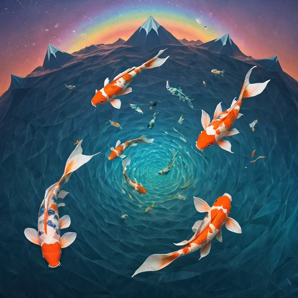 A sprawling, selfreplicating archipelago of floating, translucent origami koi fish drifts through the upper atmosphere of a planet where gravity flows upward, each fish not folded from paper but from solidified wind currentscompressed gusts of breath from a civilization that never learned to breathe slowly. The koi do not swimthey glide in perfect, silent synchrony, their scales shimmering with the iridescent afterimage of unspoken lullabies carried on the wind, each fin etched with the faint, geometric outline of a hand that never reached out. The sky is not blueit is a slowmotion cascade of inverted rainbows, each drop not falling but rising like a reversed tear, reforming into a perfect,