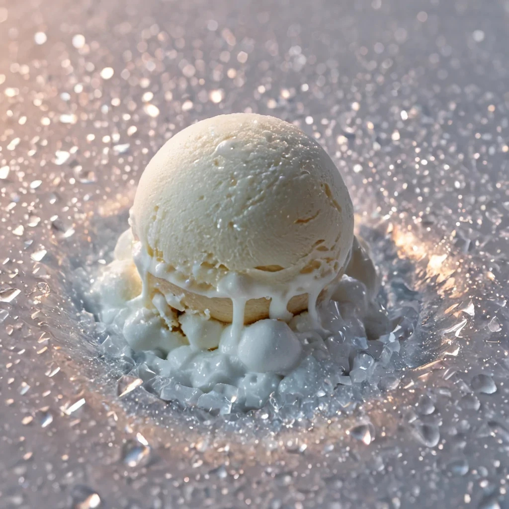 A tight, extreme closeup of a single, suspended drop of thick, creamy vanilla ice cream melting slowly in a zerogravity chamber, the liquid forming perfect, geometric cubic chunks that rotate independently around a central, glowing orb of pure, white light. The ice cream texture is ultradetailed, showing individual ice crystals and smooth cream swirls, while the background is a deep, voidlike black with faint, drifting particles of crushed, iridescent sugar crystals that catch the light, creating a subtle, sparkling halo around the melting drop. The lighting is soft and diffused, highlighting the glossy surface of the ice cream and the sharp edges of the cubic chunks, with a slight chromatic aberration effect adding a modern, digital touch to the