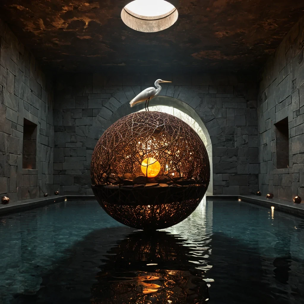A photorealistic, eyelevel wide shot of a serene, subterranean sanctuary constructed from smooth, polished basalt and warm cedar, where the central feature is a massive, suspended sphere of woven copper mesh containing a slowly rotating, solid core of raw amber. Inside the amber core, a single, pristine white heron is preserved in midflight, its wings spread wide, illuminated from within by a soft, golden light that casts intricate, weblike shadows of the copper mesh onto the surrounding dark stone walls. The floor is a shallow pool of still, black water that reflects the amber sphere and the heron, creating a perfect, inverted mirror image. Floating just above the waters surface are dozens of small, glowing orbs of pale blue light