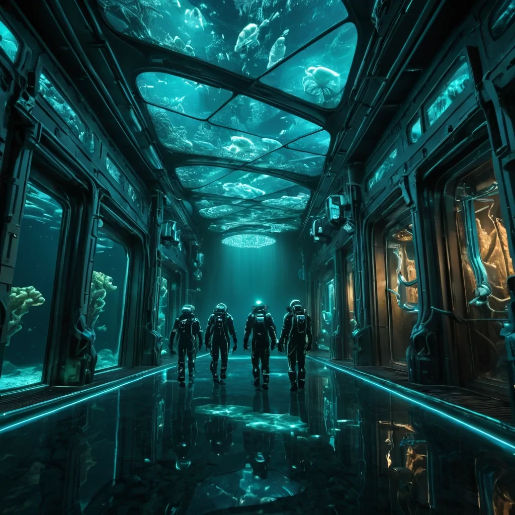 A hyperrealistic, 4K, ultra HD depiction of a futuristic, underwater research facility nestled in the depths of a vast, bioluminescent ocean. The facilitys sleek, metallic structure is adorned with intricate, fractal patterns that shimmer in the ethereal, bluegreen light filtering through the water. Volumetric lighting from the facilitys pulsating, neon signs casts a mesmerizing, dynamic glow on the surrounding, crystalline formations. In the foreground, a group of researchers in hightech, translucent diving suits navigate the facilitys corridors, their silhouettes illuminated by the soft, pasteltoned lanterns. The scene is filled with an otherworldly, serene atmosphere, enhanced by the gentle, rhythmic movement of
