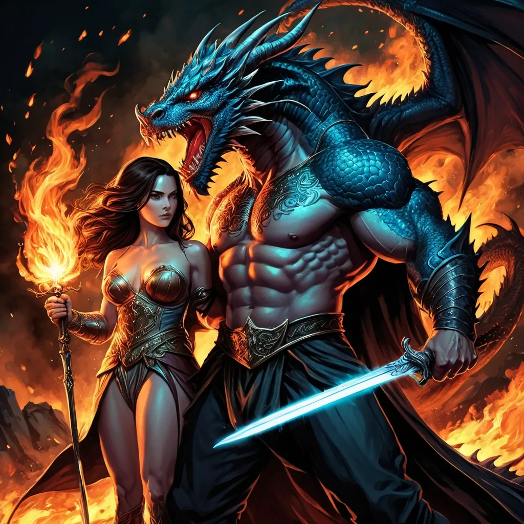 A modern handsome evil king has gotten chubby and grown a little beard with a sword in his hand dressed very nice with beautifully dressed beautiful brunette women with long hair fighting a fire breathing dragon