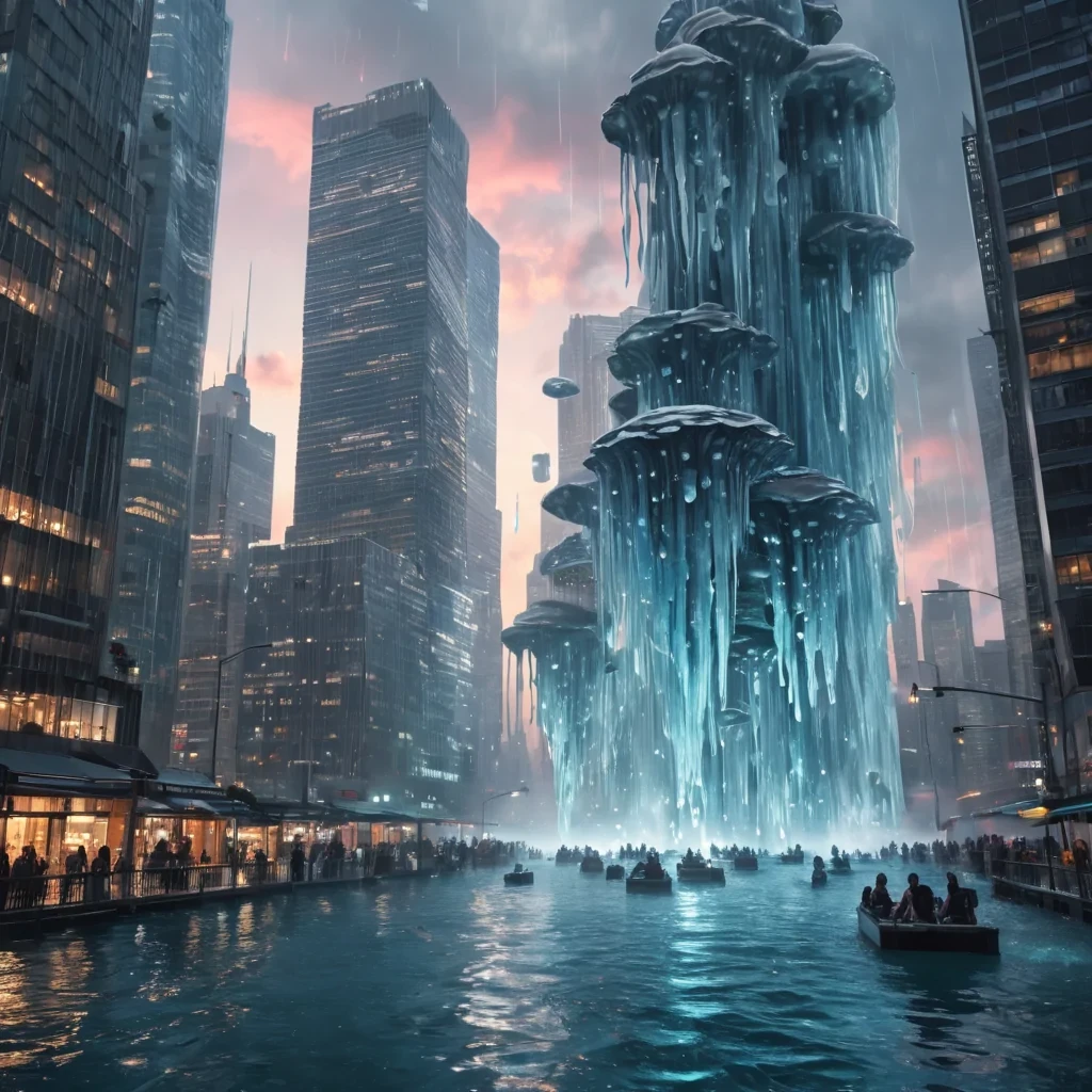 A sentient, levitating cityscape where skyscrapers float and shift like icebergs, their surfaces adorned with cascading waterfalls of liquid metal, and inhabitants riding luminescent, jellyfishlike creatures through the air, hyperrealistic, 4K, cinematic lighting, volumetric lighting, atmospheric effects, bokeh effect, vibrant colors, detailed textures.