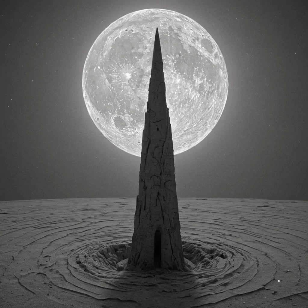 A single, humming spire of woven shadow and solidified moonlight rises from the center of a vast, still plain made entirely of powdered silence, its structure not vertical but spiraling outward like the memory of a breath held too long. The spire does not resonateit unfolds, revealing not text, but the exact moment a single word was whispered into the void and never heard, its surface etched with the faint, iridescent script of a name that was almost spoken. The plain beneath is not earthit is a thick, viscous layer of compressed time, its surface cracked in perfect geometric patterns that mirror the frequency of a heartbeat that never occurred. Above, the sky is not skyit is a mirror of inverted aur